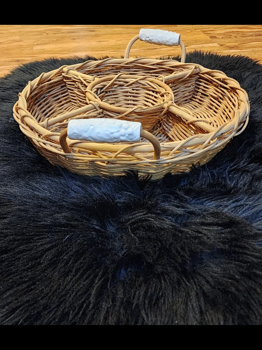 Woven Rattan Divided Serving Basket with White Ceramic Handles